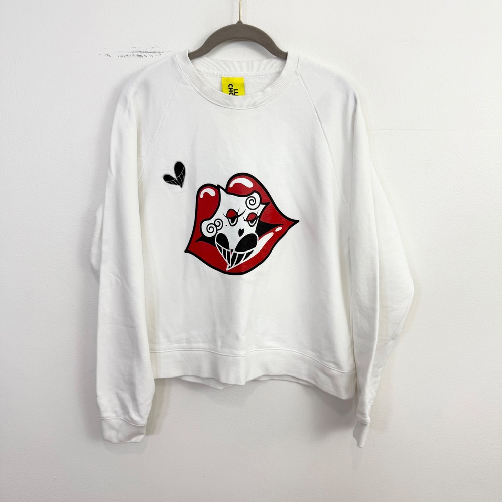 Lucky Chouette Graphic Sweatshirt White Cotton Pullover Size 36